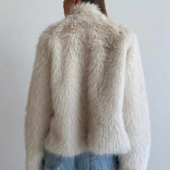 Apricot Casual Women's Stand Collar Fitted Long Sleeve Fluffy Button Jacket - Picture 3 of 9